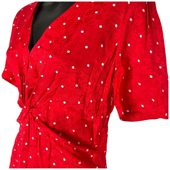 MAJE Womens Red Ripia Twist-Front Polka-Dot Floral Jacquard Mini Dress Sz Small - Picture 3 of 12